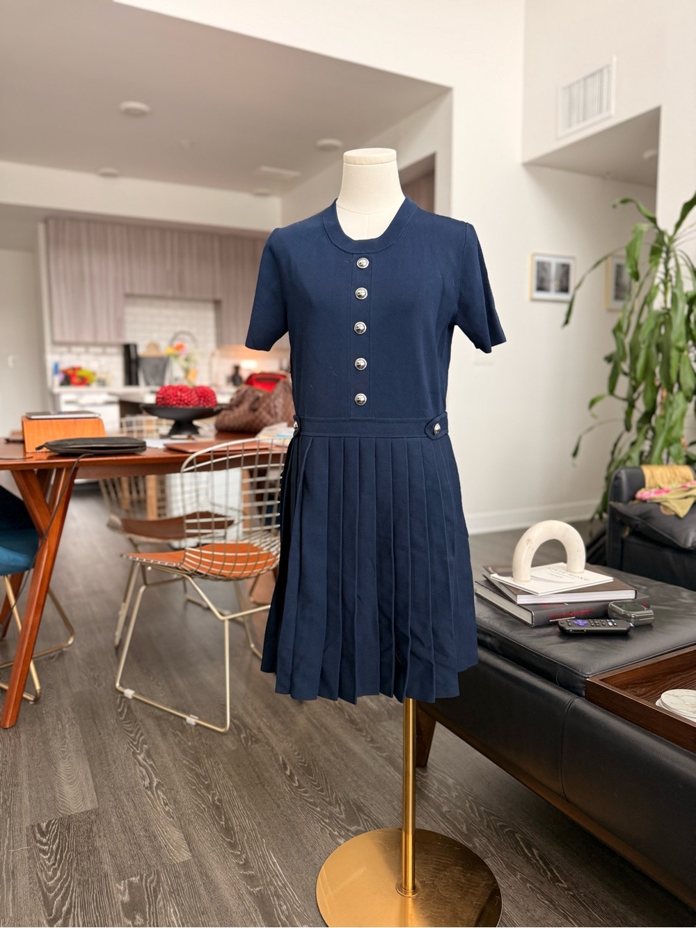 Michael Kors Navy Short-Sleeve Pleated Mini Dress with Decorative Buttons
